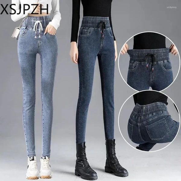 Jeans feminino jeans feminino casual cintura alta cordão de cordão de lápis 2024 Autumn Winter Slimming Fashion Lady Legging calça