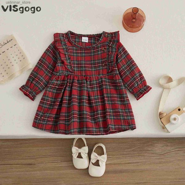 Vestidos de menina VISGOGO MENINAS MENINAS VESTIDO DE NATAL DO AUTONO Casual A-Line Slave Long Sleeve Crewneck Ruffle Decor Button Vestido de festa de Natal L47