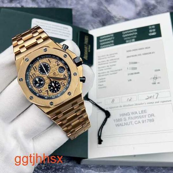 Designer AP Wrist Watch Watch Royal Oak Offshore Series 26470or Gold Shell Gold Gold Band Chronógrafo Mens relógio 18K Rose Gold Material 42mm