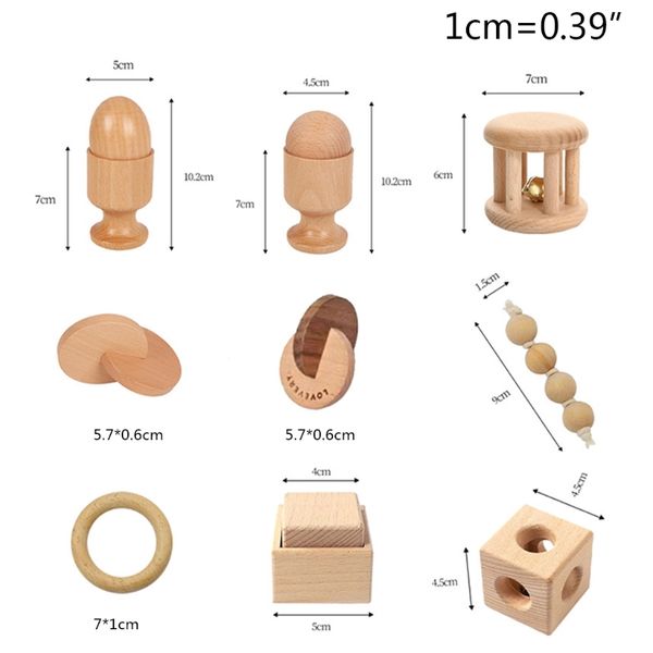 97be Säugling Holzspielzeug Übung Hand Griffe Spielzeug ineinandergreifende Scheiben Egg Cup Cube Box Baby Bett Glocke Rassel Stimme für Kinder