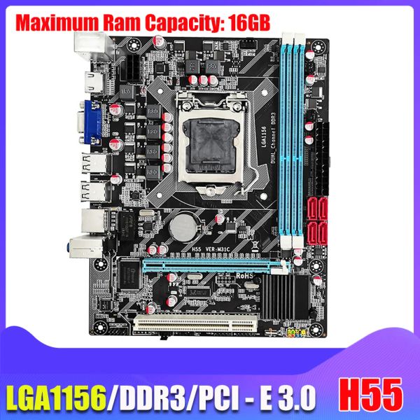 Placa -mãe H55 PC Minina placa de memória 16 GB Memory Desktop Placa -mãe DDR3 RAM LGA 1156 Computador SATA2.0 I3 530 I5 750 660cpu