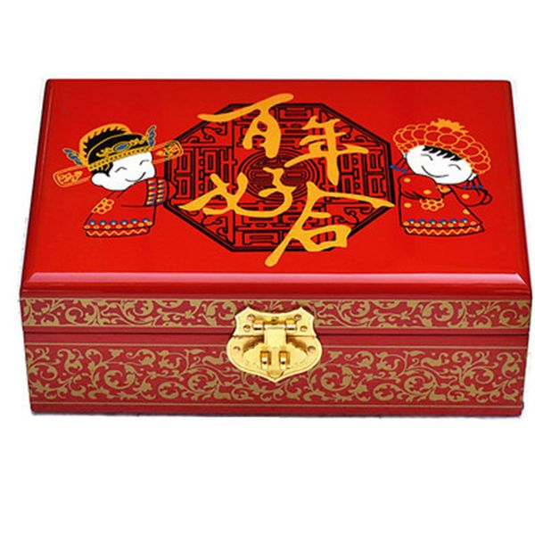 Chinese Retro Handwork Lock Wood Box 2 Schicht Hochzeit Braut Malerei Schmuckschatulle mit Spiegel wunderschöne Displayboxen Aufbewahrungskoffer