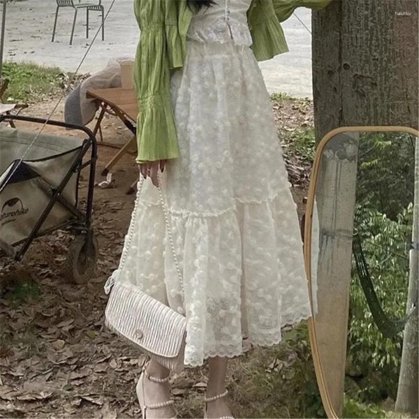 Юбки сладкие японские простую высокую талию длинные юбки Женщины бежевые 3D кружевные цветы Женские винтажные kawaii reffled plearted f30