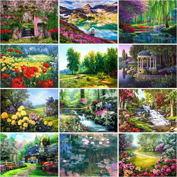 Gatyztory Pictures by Number Spring Scenery Kits Decorazioni per la casa Dipinto di numeri Disegno del paesaggio su tela regalo artistico dipinto a mano