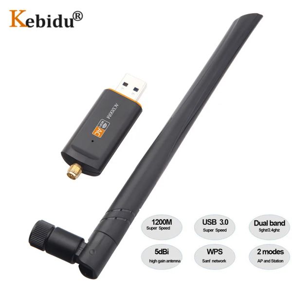 Cards Kebidu Super Speed 1200 Мбит/с USB 3.0 Беспроводной адаптер Wi -Fi 2,4 ГГц/5 ГГц двойной сетевой карты RTL8812 5DBI Антенна для ноутбука ПК