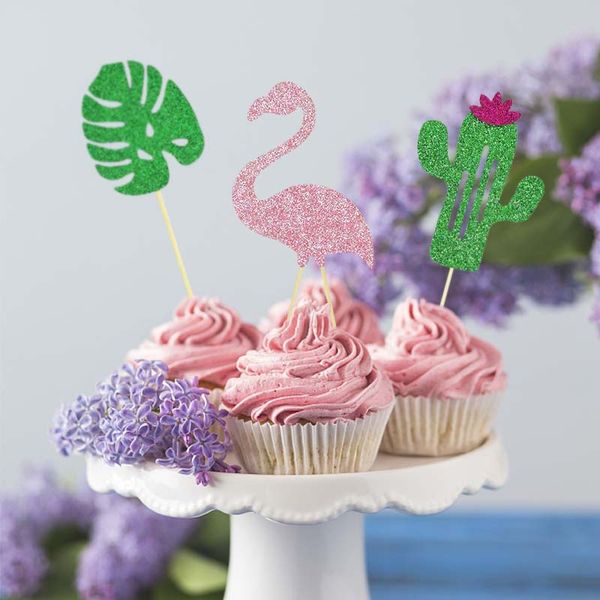 10pcs Glitter Paper Cake Topper Coconut Flamingo Cactus Flowers Cupcakes Cupcakes de folhas Decoração de assadeira