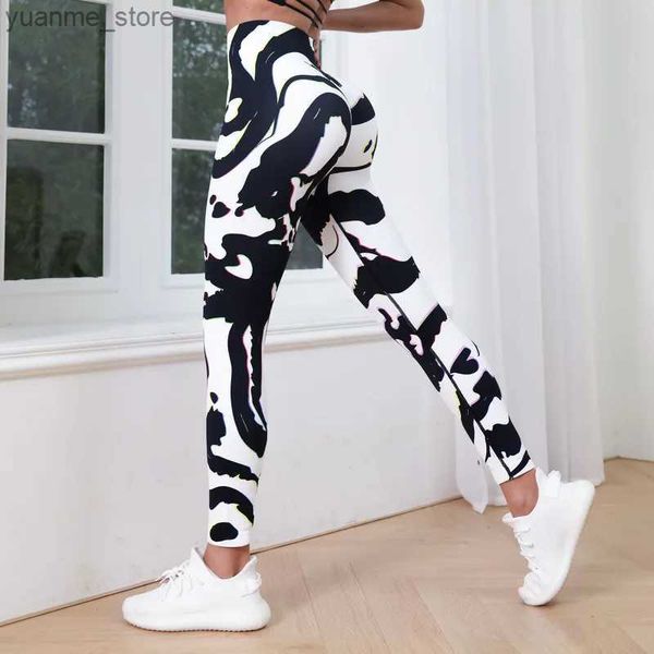 Yoga -Outfits nahtlose Hochtaille Yoga Hosen Schwarz -Weiß -gedruckte Fitness -Leggings für Frauen, die Leggings Y240410 laufen lassen