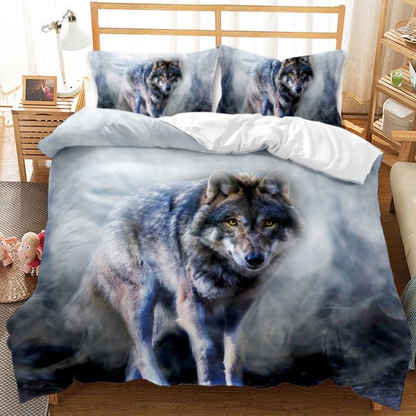 Wolf Bettwäsche Set Animal Duvet Cover cooler Wildtierstil Bettdecke Glitzer Blau Wild Wolf 2/3pcs Polyester Quilt Cover König King