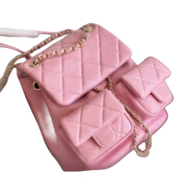 Женская кожаная рюкзак для женской кожа розовый шнурки для шнурки с пакеты с мульти -похеттом золотой металлический аппаратный аппаратный мателассе цепь сумки на плечах дорожка на открытом воздухе 20 см
