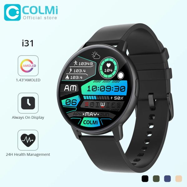 Relógios Colmi i31 SmartWatch 1.43 '' AMOLED Display 100 Modos esportivos 7 dias Suporte de duração da bateria sempre em exibição Smart Watch Men Women Mulheres