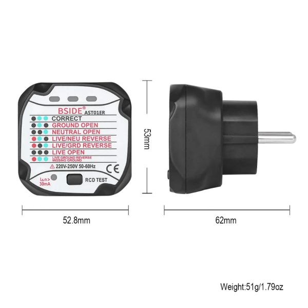BSISH AST01ER Socket Tester Tester Tester Plug Eu Plug automatico Elettrico Polarità Detector Tensione Tensione Plug Breaker Finder