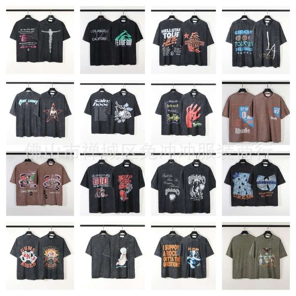 Camisetas masculinas Hellstar High Street Devils Island Saint Hip Hop lavou a indústria pesada antiga e traseira impressa de tamanho grande solto