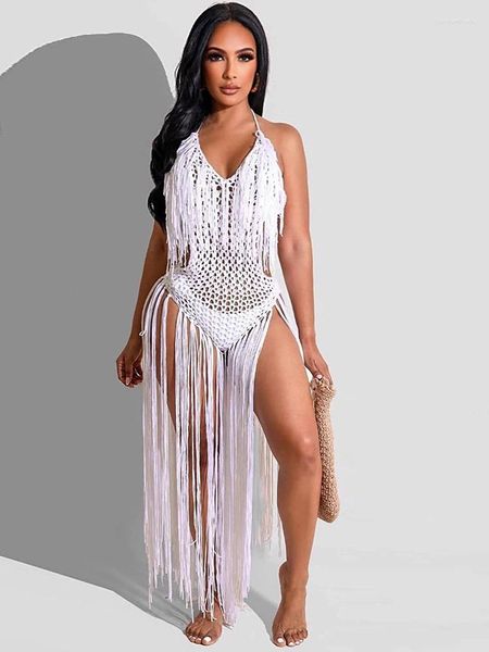 Tamel de malha de malha feminina Tassel One Piece Dress Women 2024 Summer Holiday Clothes Halter Backless Hollow Out Swimsuit