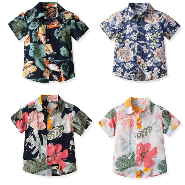 Camisa de manga curta de meninos para crianças de verão Pai e filho de algodão floral Cardigã casual combinando roupas familiares 240327