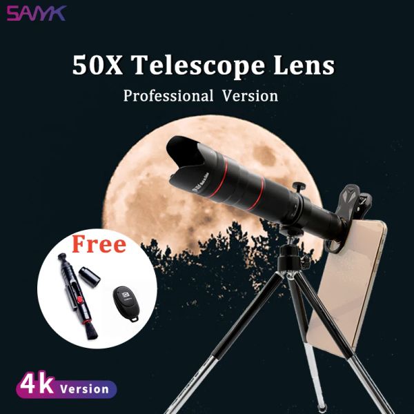 Lente sanyk 50x / 36x hd lente de telefone celular lentes telefoto lente zoom lente telescópios lentes monoculares telescópios com selfie tripé smarphone