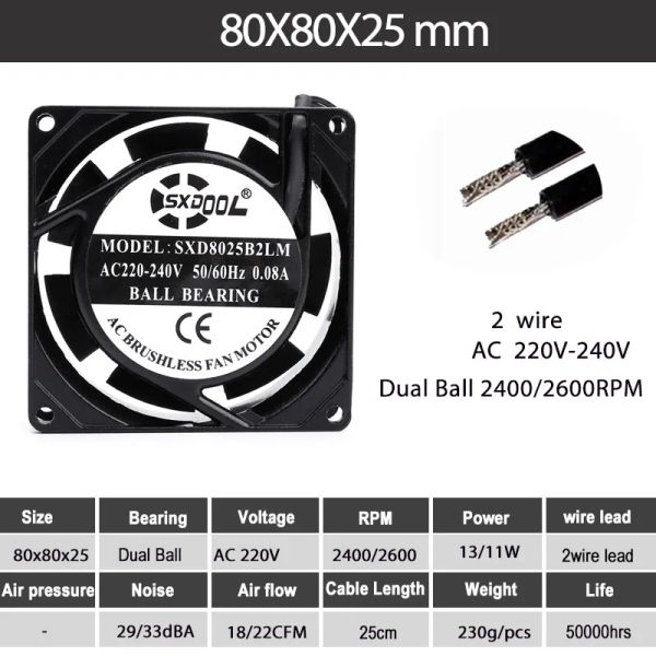 Raffreddamento 1pcs sxdool AC 220V 240v 80mm 8025 8 cm Cuscinetto a sfera di raffreddamento a sfera 8025 80 mm x 25 mm Riolcellatore Assial Armates Ventola