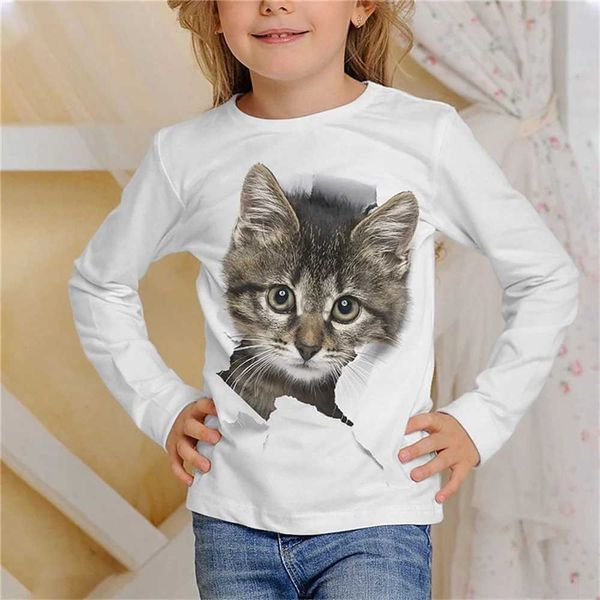 Camisetas meninas 3d gráfico de gato camiseta camiseta de manga longa impressão 3d outono fofinho de 3 a 12 anos de roupa casual ao ar livre