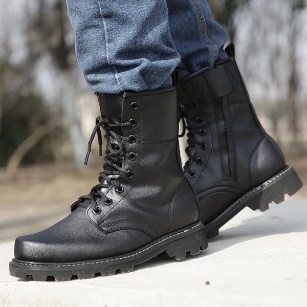 Botas masculino botas táticas militares outono couro preto preto force botas tornozelo botas de combate de segurança sapatos de trabalho de manusear botas de motociclista