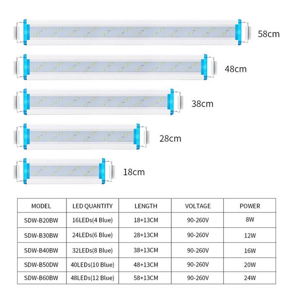 8-24W Acquario Acquario Blu chiaro e bianco Lampada Lampada Erba Paesaggio Scaffale Eco-Tank Lampada Aquarium LED LED 90-260V 90-260V 90-260V 90-260V