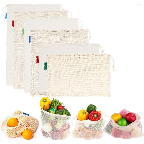 Stume di stoccaggio Our Warm Reusible Cotton Mesh Produces per la frutta vegetale eco lavabile con organizzatore da cucina con coulisse