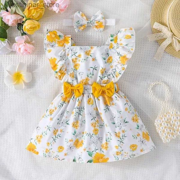 Mädchenkleider Kleid für Kinder Neugeborene 3 - 24 Monate Geburtstag Schmetterling Ärmel süße gelbe Blumenprinzessin formelle Kleider Ootd für Baby Girl L47