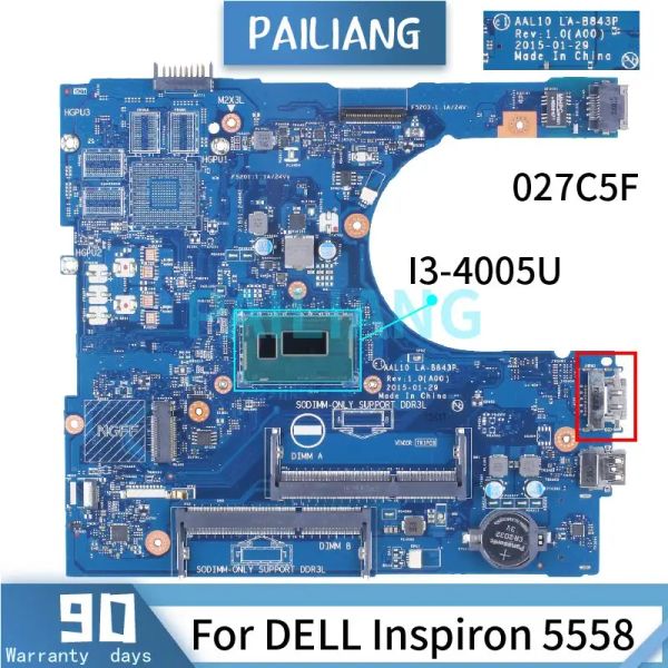 Lab843p para Dell Inspiron 5458 5558 5758 Laptop Placa -mãe AAL10 I34005U CN027C5F 027C5F 27C5F DDR3 Notebook Hdmi