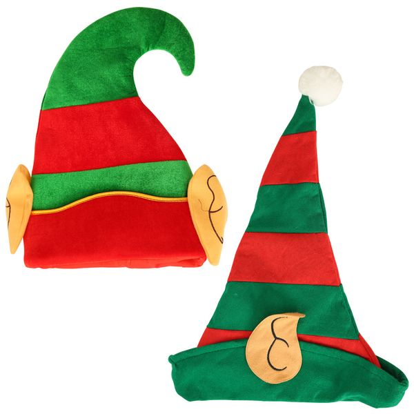 Chapéu de elfo de natal vermelho e verde Partido listrado da cabeça da cabeça não tecida Velvet Papai Noel com Ears Party Christmas Headwear