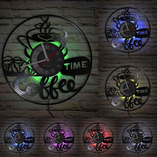 Café de tempo refrescante recorde de vinil Relógio de parede Cafe Latte Art pendurado que não toca Wall Watch Gifts para Cafe House and Barista