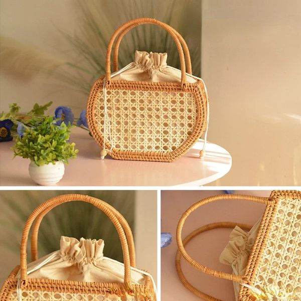 Vietnã Pure Pure Made Rattan Basket Outing Picnic Basket Basking cesto de armazenamento de armazenamento de saco de armazenamento branco com forro branco