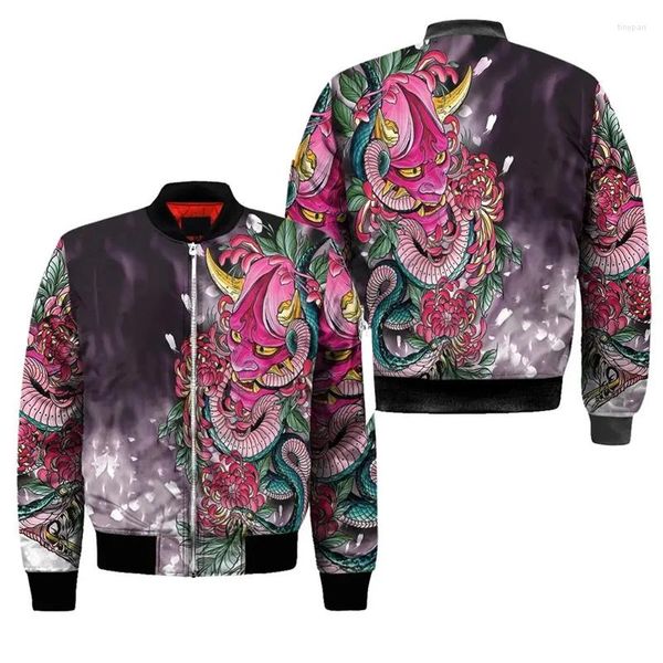 Herrenjacken Frühling Autumn Herren Herren Bomber Jacke Oni Maske Tattoo 3D überall über bedruckte Reißverschluss -Trails Unisex Casual Reißverschluss Kleidung