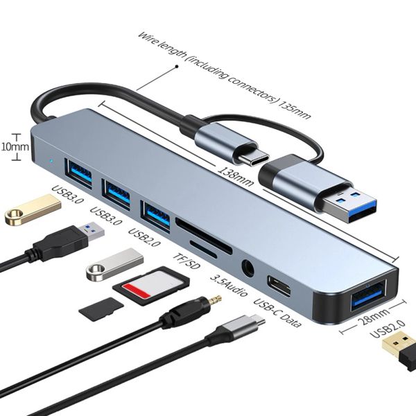 Hubs 8 в 1 USB 3.0 2.0 Хаб для ноутбука адаптер ПК PD Заряд 8 портов док -станция 3,5 мм TF/SD -карта для MacBook Splitter Splitter