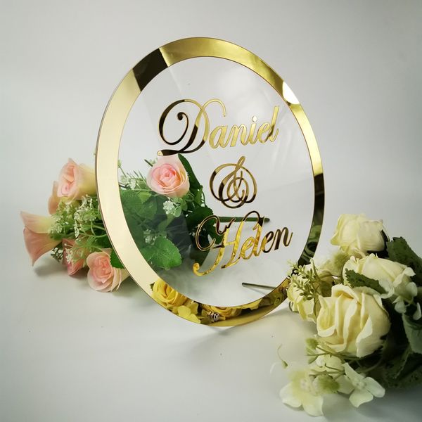 Nome do casamento personalizado Sign Round Frame Espelho Adesivo de acrílico Babysher Shower Word Circle Shape Decoração de festa, como os convidados favorecem o presente