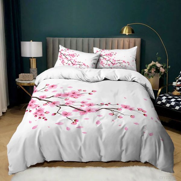 Plum Blossom Bianchetto da letto Set Rosso Flower Floral Cover per bambini adolescenti femminili, copripiumino in stile inchiostro giapponese King Size