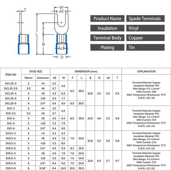 100pcs SV3.5-4 SV3.5-5 SV3.5-6 Terminali di crimpatura isolati Isolati Terminali a furcaggio a manicotto isolante Connettore a traco