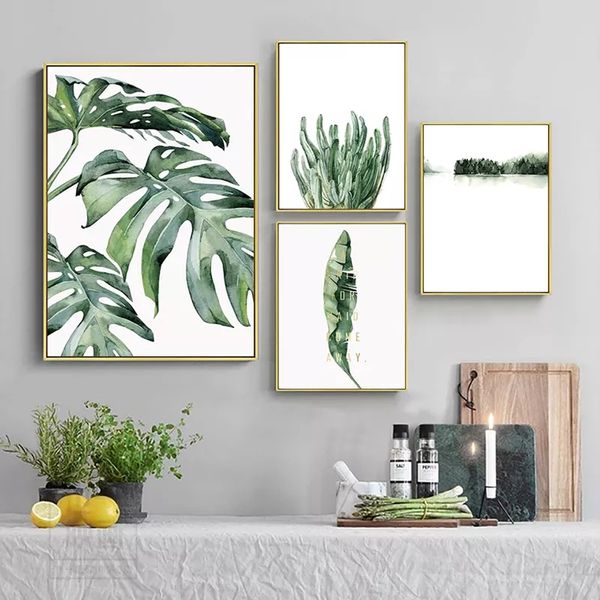 Decoração de parede de arte tropical verde minimalista, pôster de anime, pintura, planta, folhas modernas, imagem nórdica de lona, decoração da sala de estar