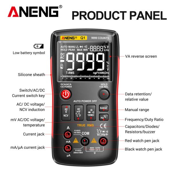 Aneng q1 multimetro digitale 9999 tester analogico vero RMS RMS Professional Multimetro Multitro Transistor Transistor Testers NCV METER LCR METER