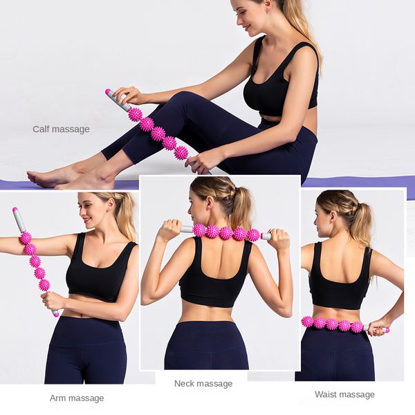 Pilates Gym Muscle Massage Roller Yoga Stick Massagem Relax Relax Tool Roller Muscle Sticks com 5 bola espetada de 360 graus Rotação