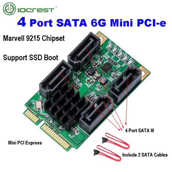 Cards Iocrest 4 Port SATA III 6G Mini PCIE Controller Card SATA3.0 Mini PCI Express SSD Card 88SE9215 Servidor de desktop de chip