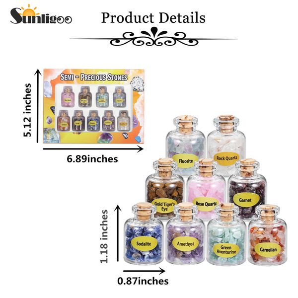 Sunligoo 9 bottiglie mini naturale semiprece gemstone chip cristallo guarigione rotolata reiki wicca viaggiare viaggi naturali pietre yoga