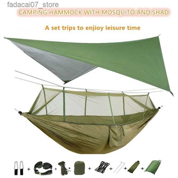 Hammocks Outdoor Mosquito Líquido de pára -quedas Campo portátil Solping Basking com capa de chuva e pingente de pingente de pano impermeável Camping Hammock Swingq