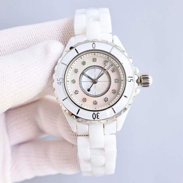 Klassische Multifunktionsnummer Kalender Uhr weiße Mutter von Perlenschalen Keramik Armbanduhr Sapphire 12-Serie Quarzuhr Schwarze Keramikgurt Uhr 33mm