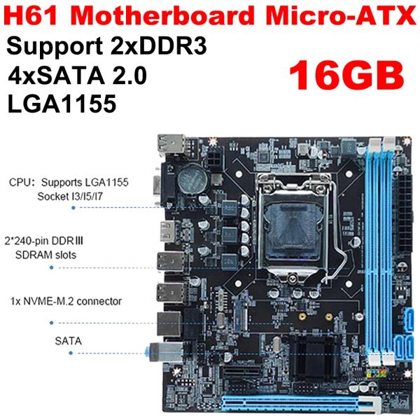 Материнские платы H61 Материнская плата 16 ГБ Microatx Computer Mainboard LGA1155 Socket I3/I5/I7 Поддержка процессора 2 X DDR3 4 X SATA 2.0