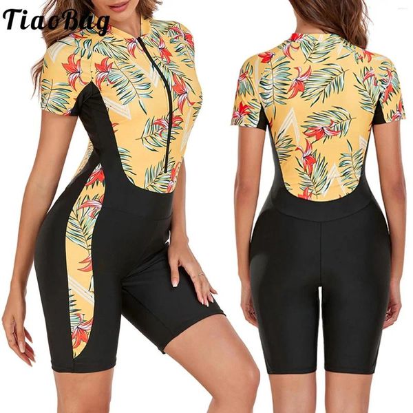 Costumi da bagno femminile Tiaobug Women One-Pece Sport Sport Swimsuit Stampa di moda Strata corta Zizia Front Atletica Surf Atletico RashGuard Bare