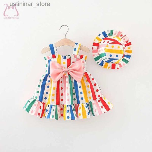 Vestidos de menina 2pcs/conjunto colorido bebê de aniversário festa princesa vestido de noite polka ponto arco nó crianças roupas 0 a 3 anos crianças + chapéu l47