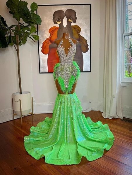 Vestido verde de baile de baile longa para mulheres brilhantes sexy com apliques penas para festa de festas de celebridades vestidos de celebridade