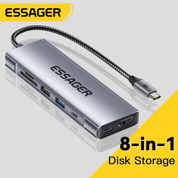 Hubs Essager 8in1 USB Hub con funzione di archiviazione disco USB Typec a HDMicompatible Laptop Dock Station per MacBook Pro Air M1 M2