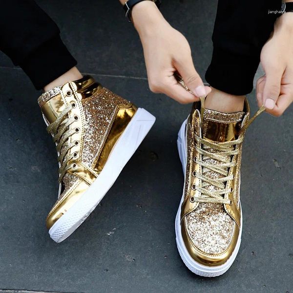 Casual Schuhe Fashion Männer hohe oberste golden glänzende Retro Silberstiefel Trend Trend Kristall Hip-Hop Leichter weicher Sohle Herbst