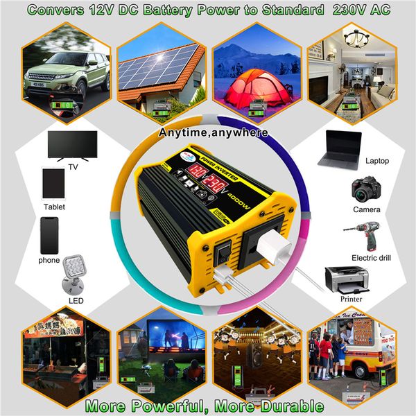 Adattatore convertitore inverter di alimentazione per auto da 4000 W 12v a 110/220 V Visualizza LED TRUSCLICE LED Dual USB Home Auto MODIFICATA MODIFICATA MODIFICATA