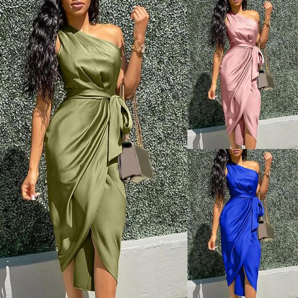 Verde verde verde sexy um ombro um ombro de cetim assimétrico Ruched Midi Evening Party Prom Dress Dress Grown Bandage Plus Size Robe 240327