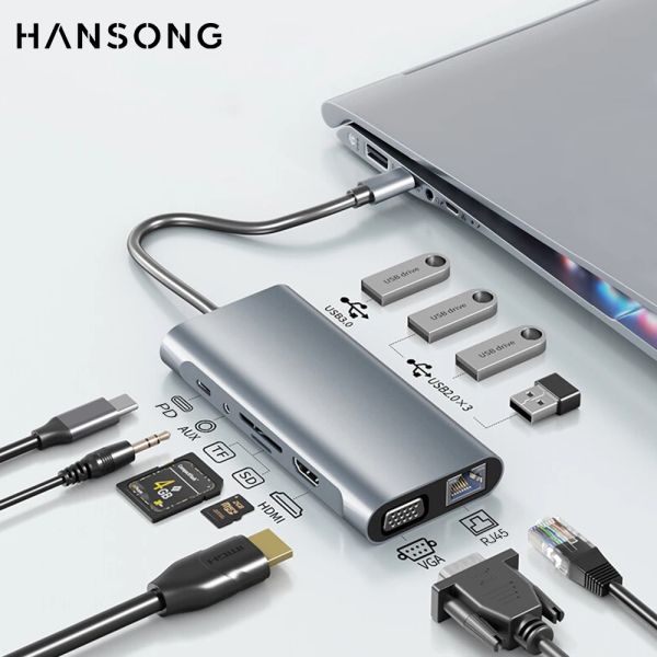 Hubs USB C Hub para MacBook 11 em 1 Adaptador de laptop Tipo C para 4K HDMicompatible USB 3.0 VGA RJ45 SD/TF Card PD Dock Splitter